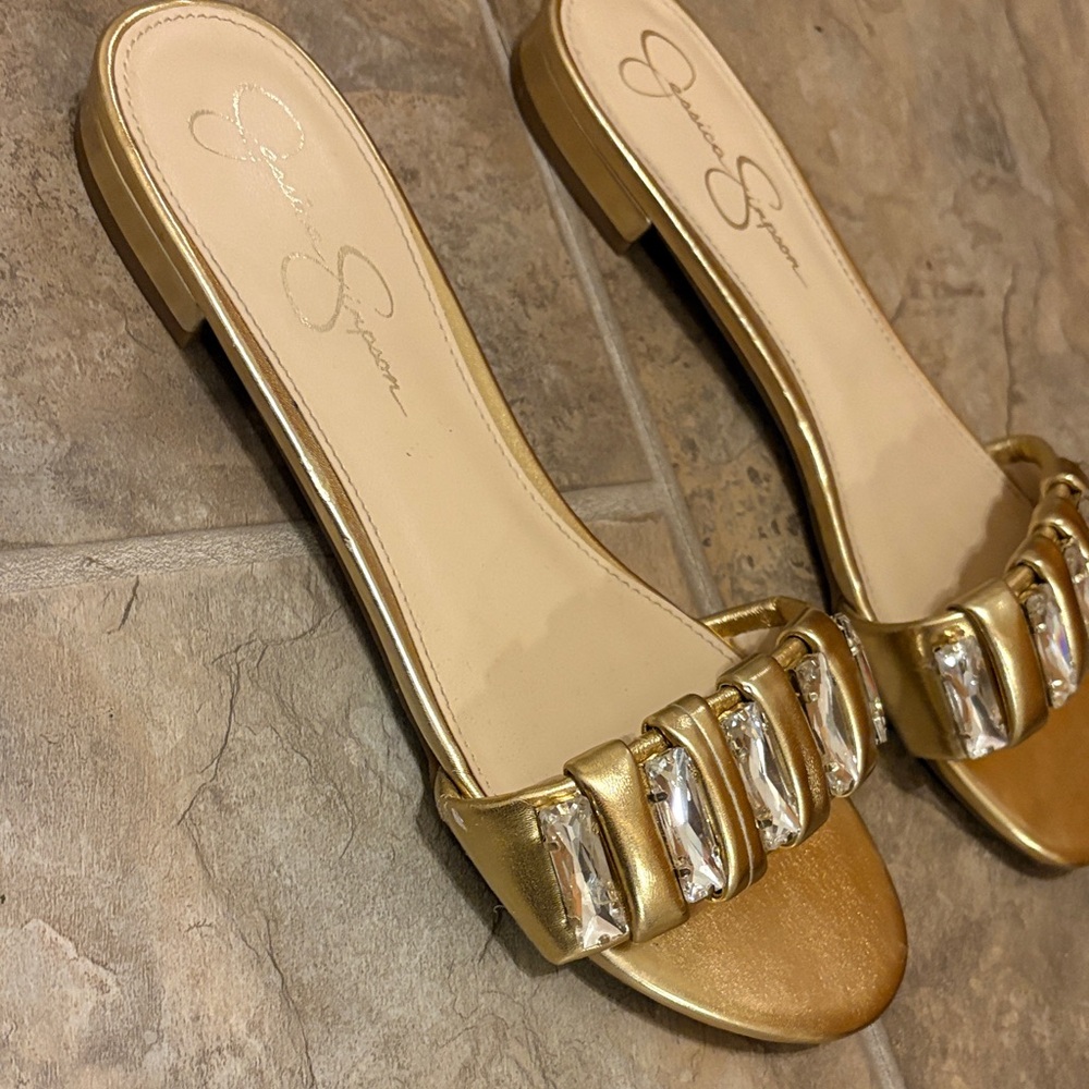 Jessica Simpson Metallic Gold Slide Sandals - Picture 3 of 4